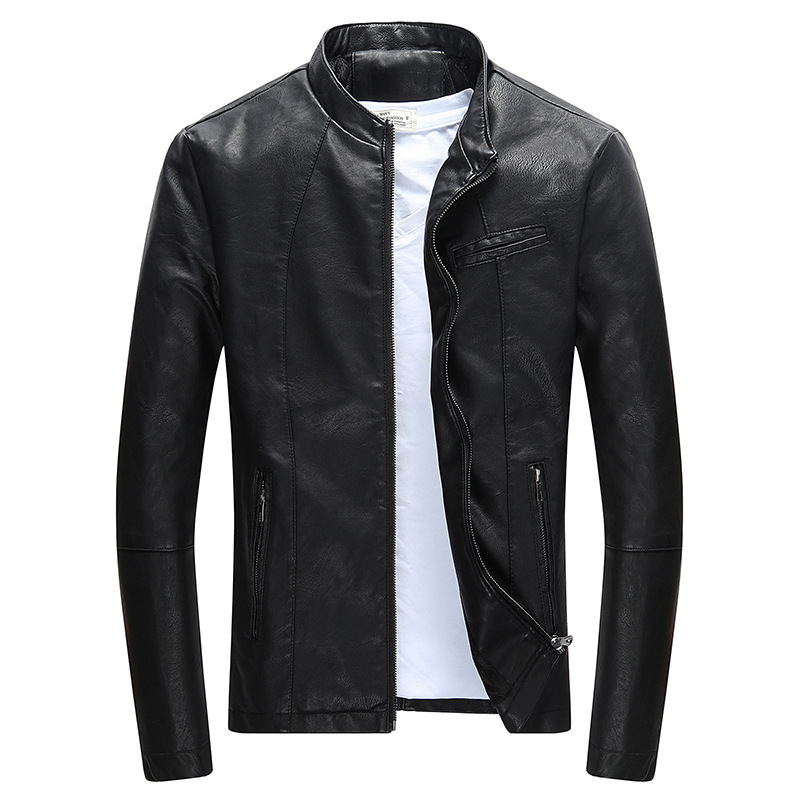 Men's PU Leather Jacket with Stand-Up Collar and Faux Fur