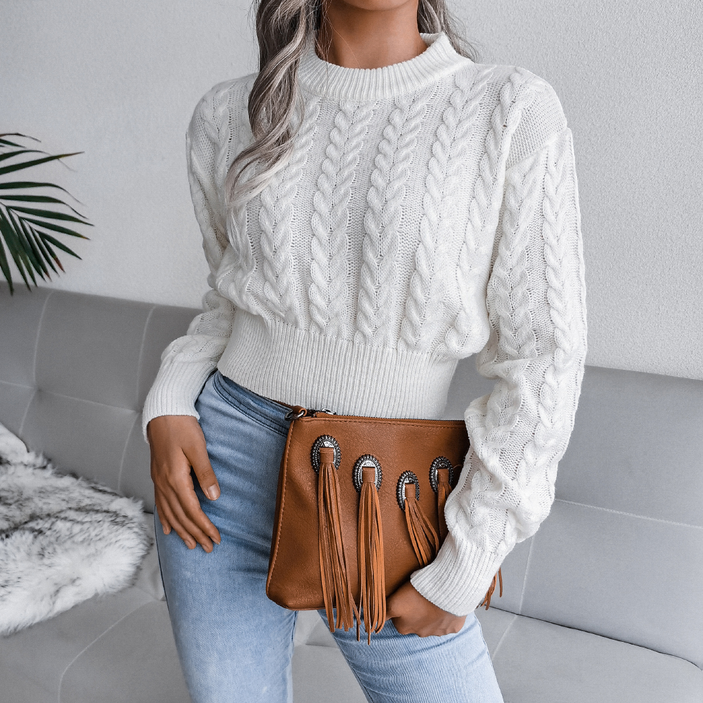 Cable Knit Waist-Cinched Cropped Sweater