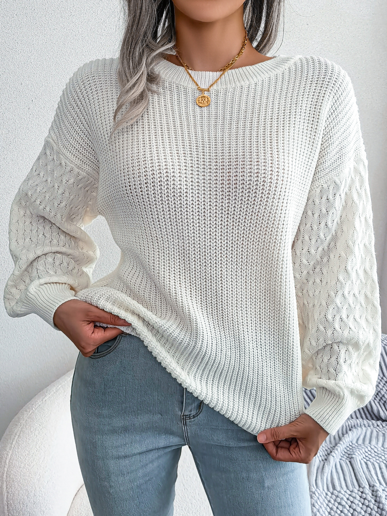Casual Knitted Sweater with Lantern Sleeves