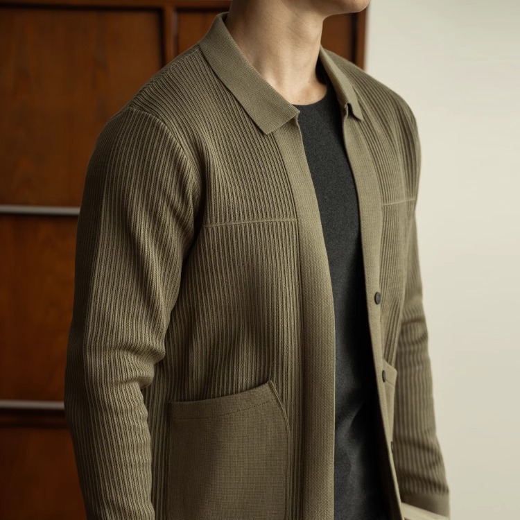 Men's Knitted Lapel Cardigan with Long Sleeves