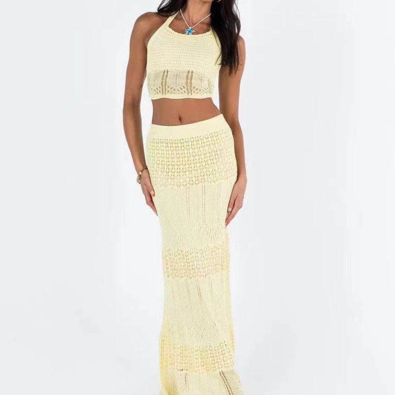 High-Waist Top and Skirt Knitted Summer Set