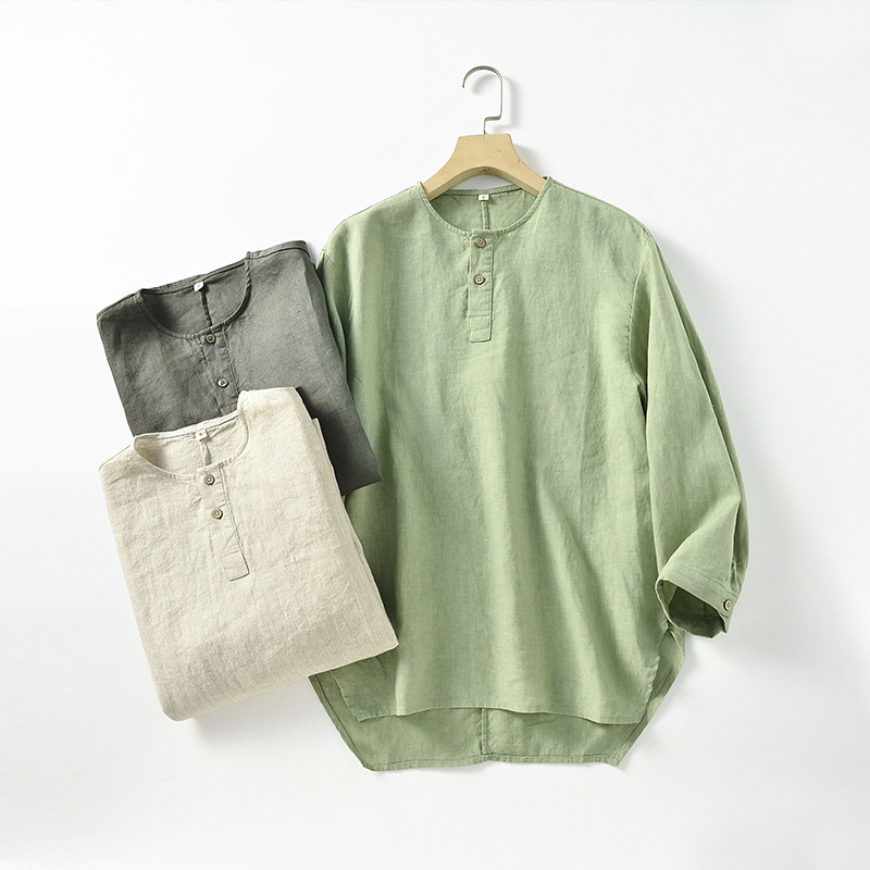 Casual Linen Men's Round-Neck 3/4-Sleeve T-Shirt