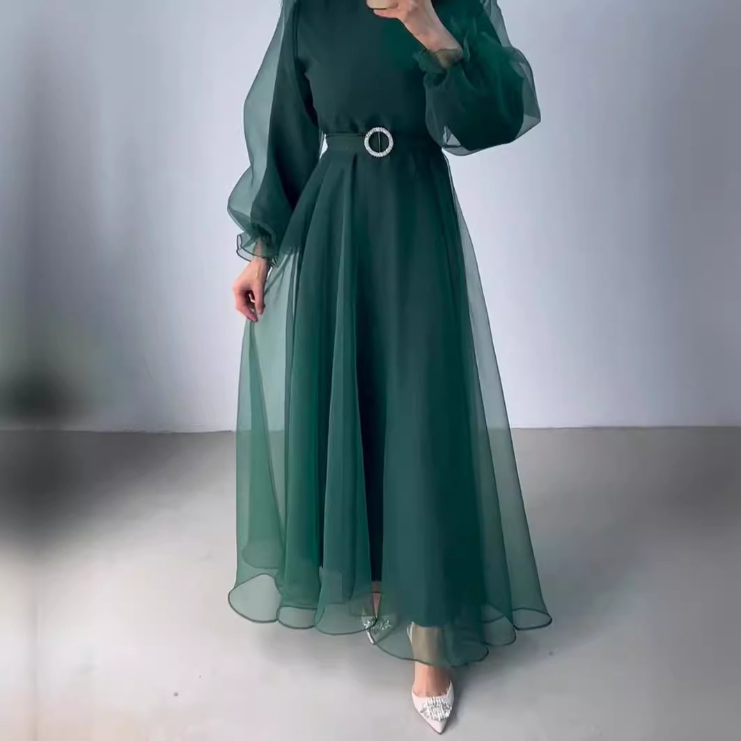 Elegant Slim-Fit Mesh Dress with Lantern Sleeves
