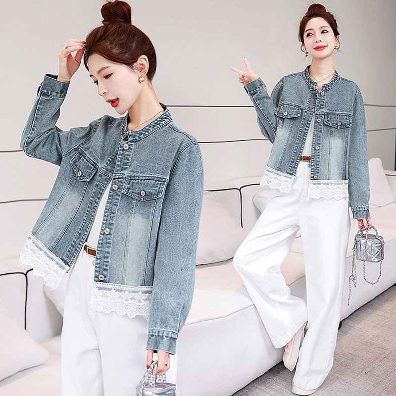 Women's Denim Coat with Lace Details