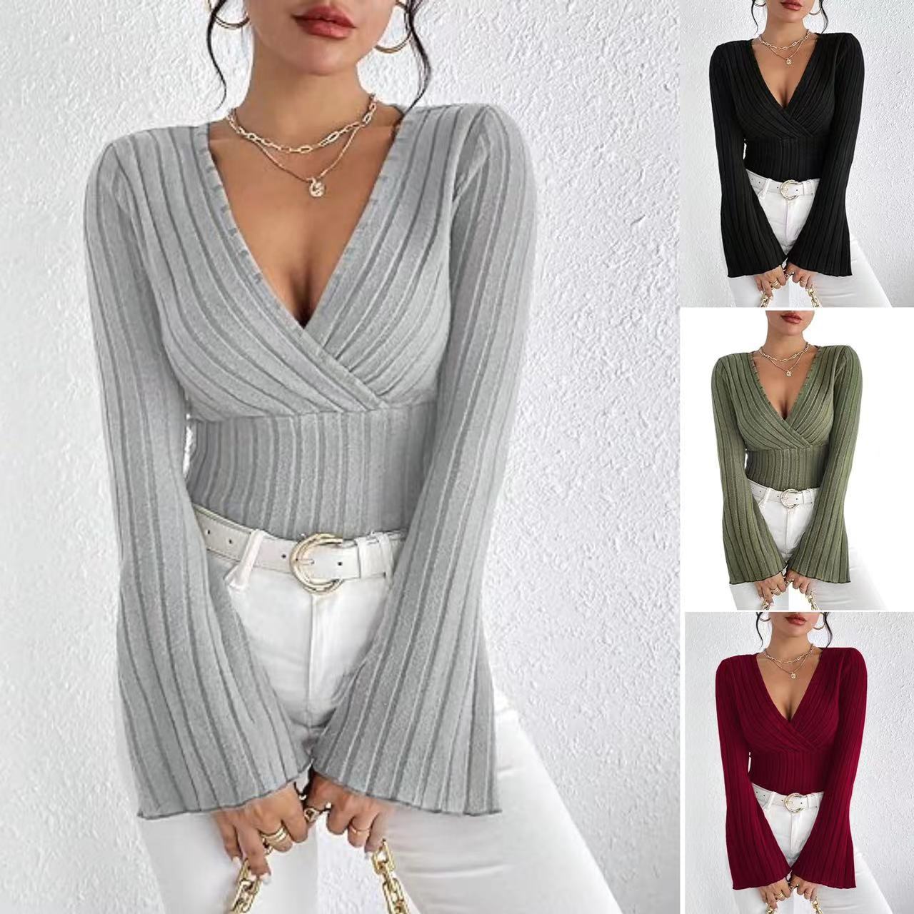 Women's Ribbed V-Neck Flared Long-Sleeve T-Shirt