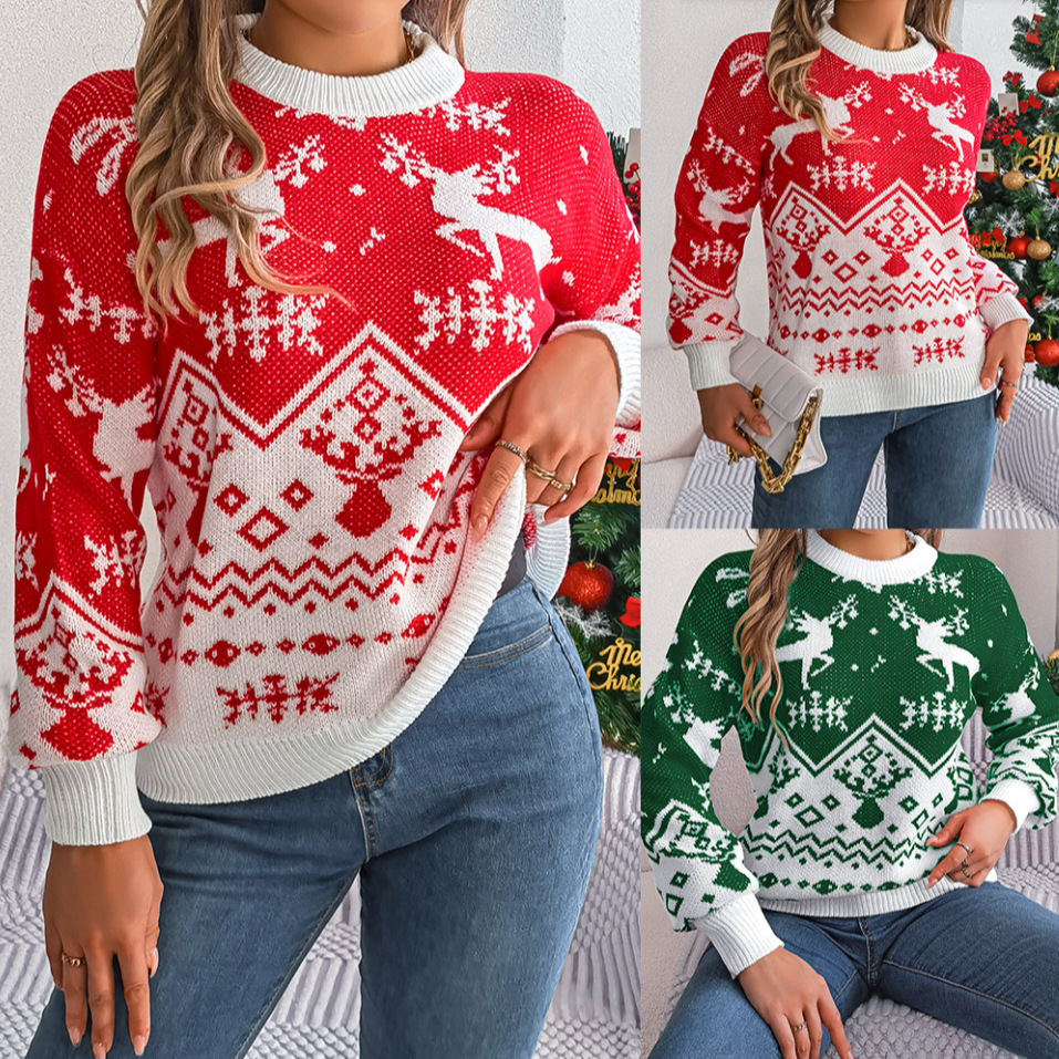 Women's Casual Knitted Deer Pattern Hooded Sweater