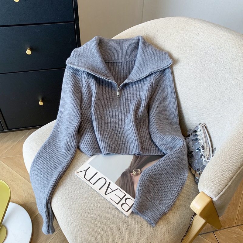 Women's Zipper Sweater with Lapel and Cropped Fit