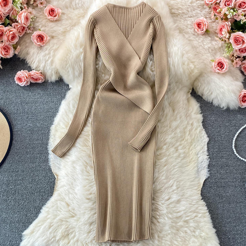 Retro Knitted Dress with Deep V-Neck