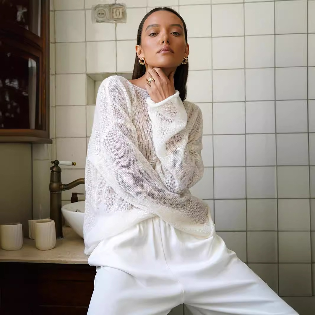 Women's Openwork Sweater with Bell Sleeves