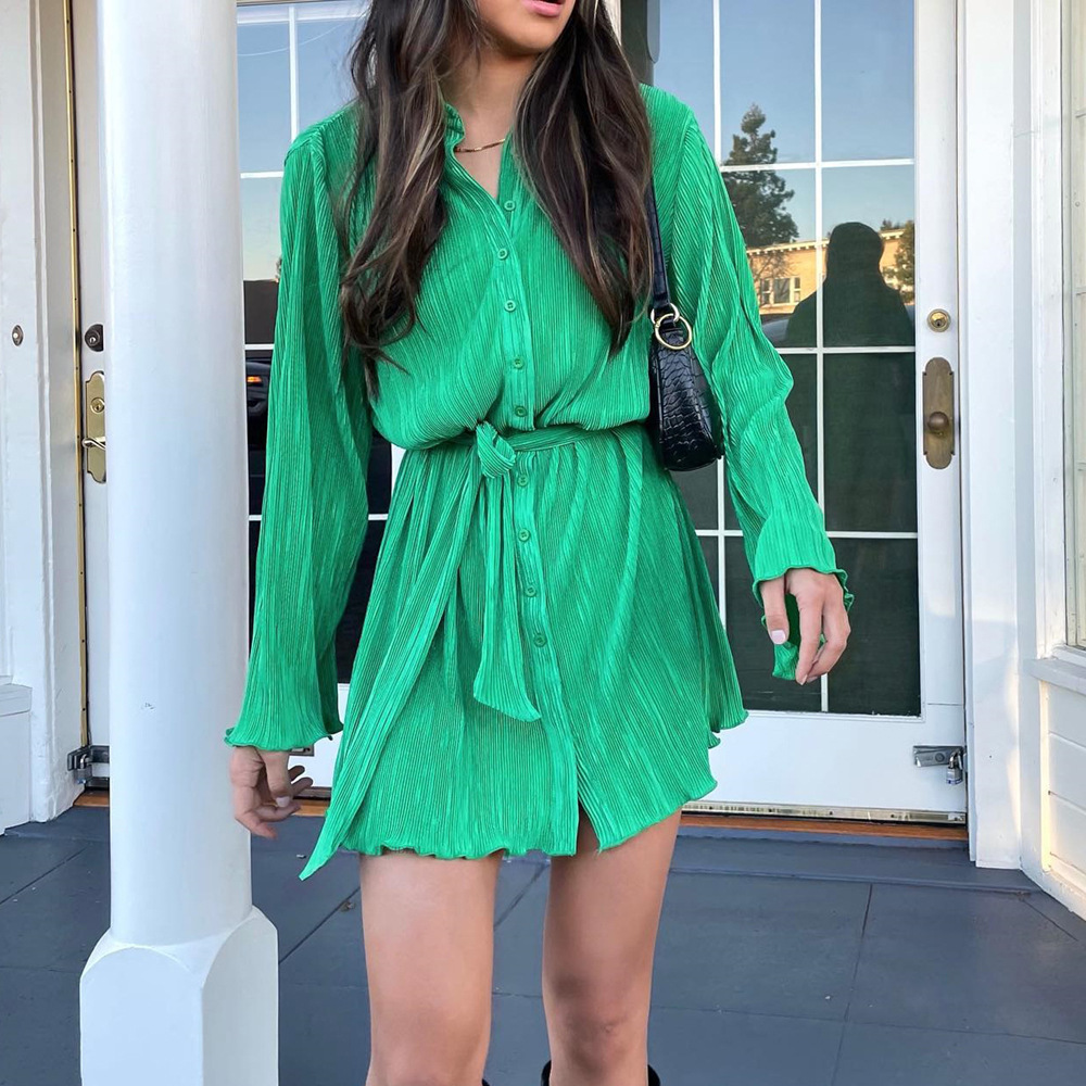 Women's Floral Print Lace-Up Long-Sleeve Shirt Dress