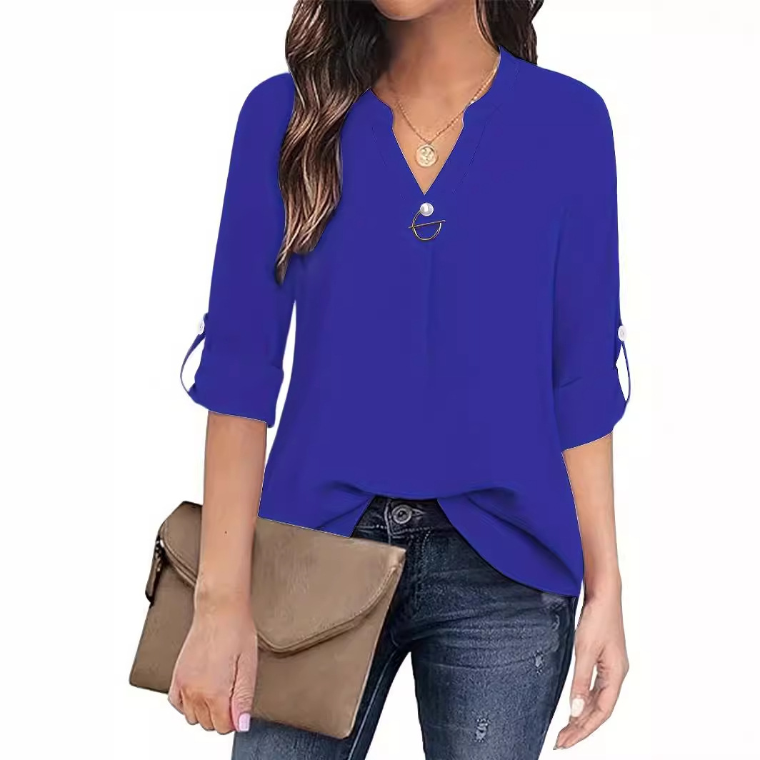 Women's V-Neck Long-Sleeve Shirt with Cuffs