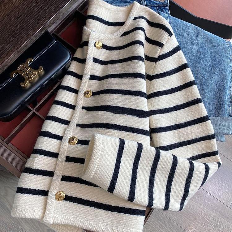 Black and white striped knitted cardigan