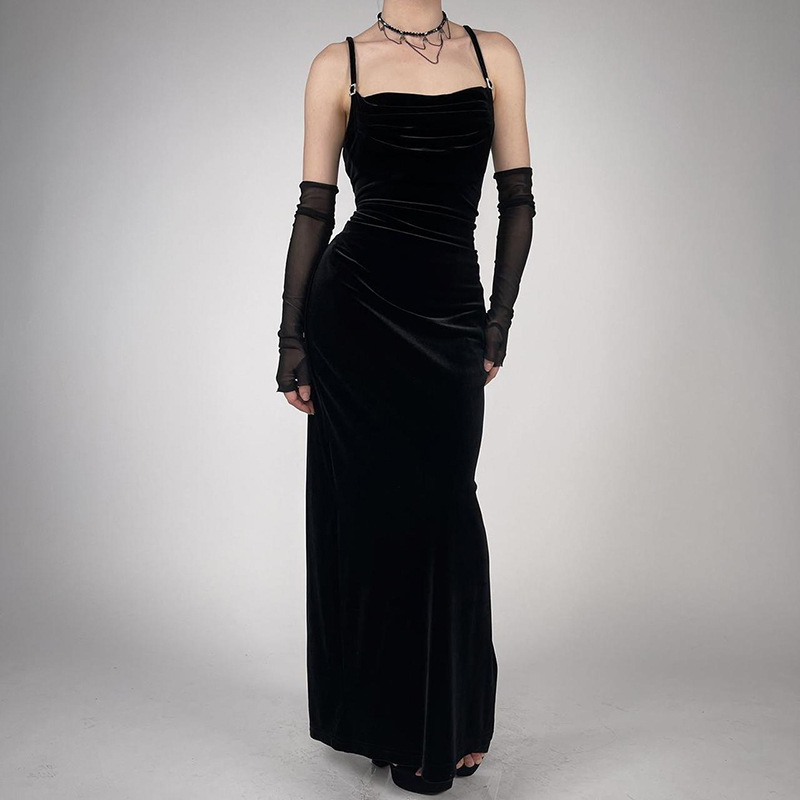 Women's Backless Velvet Spaghetti Strap Dress