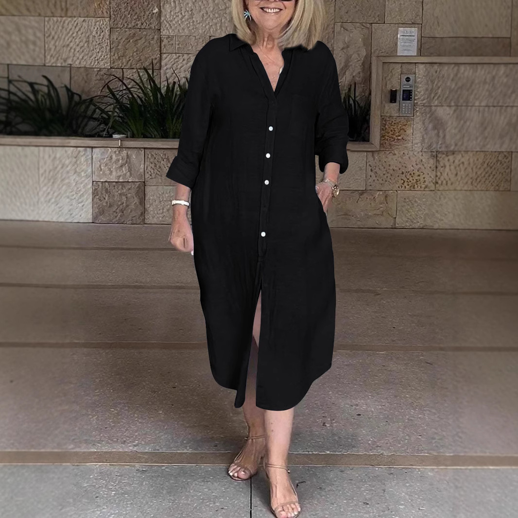 Loose women's single-breasted cotton and linen dress