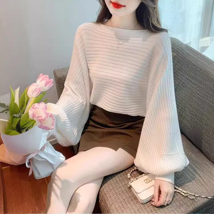 Lantern-Sleeve Sweater with Off-Shoulder Neckline