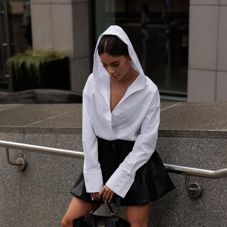 White Cotton Long-Sleeve Hooded Shirt