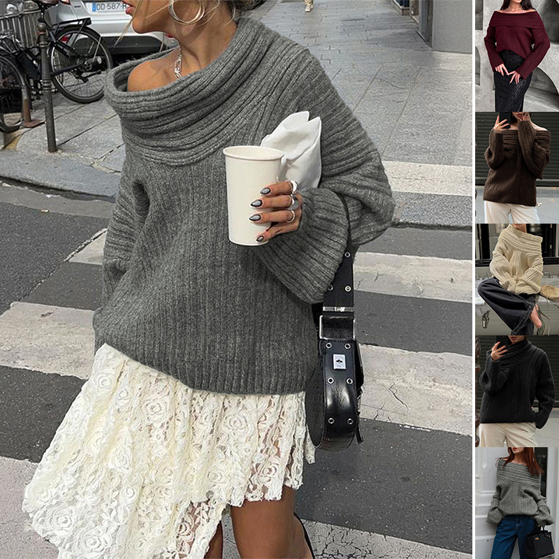 Loose One-Shoulder Sweater with Trumpet Sleeves