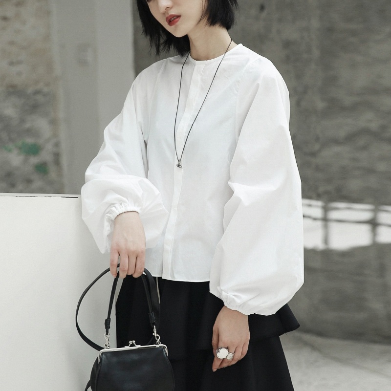 White Stand-Collar Shirt with Puff Sleeves