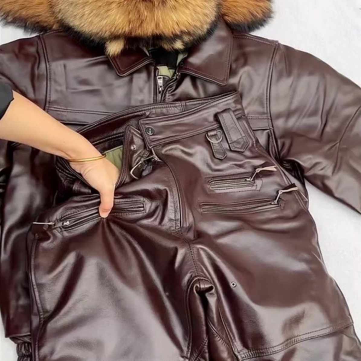 Brown Velvet Leather Pants, Loose Slimming Fit