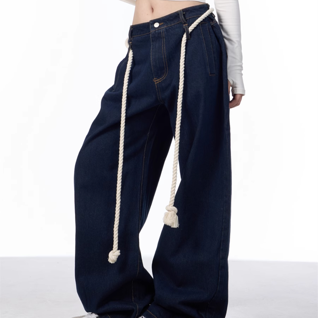 Washed Black Loose Straight Wide-Leg Jeans with White Stitching