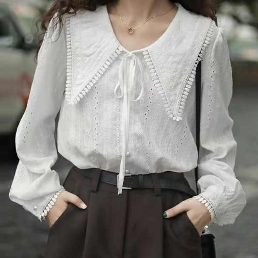 French-Style Women's Shirt with Large Pointed Collar