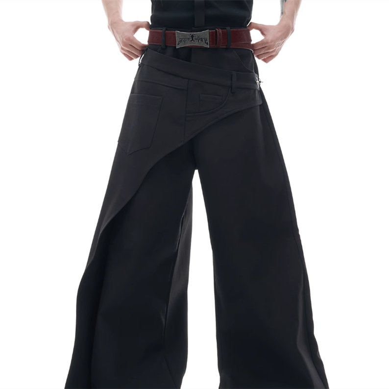 Casual Men's Pants with Faux Two-Piece Design and Metal Buckle