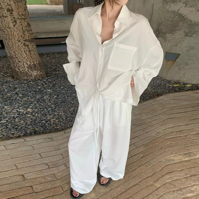Loose Women's Polo-Collar Top and Wide-Leg Pants Set